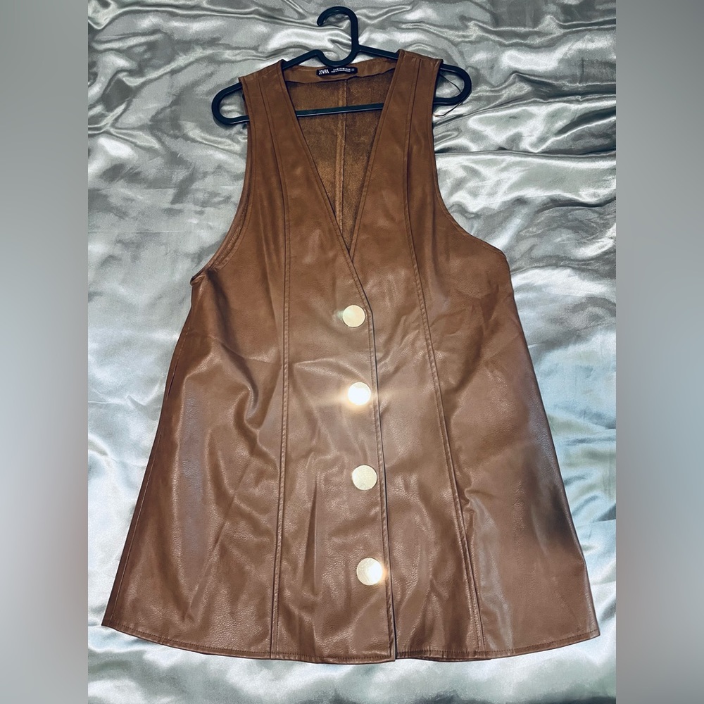 Women faux leather pinafore dress